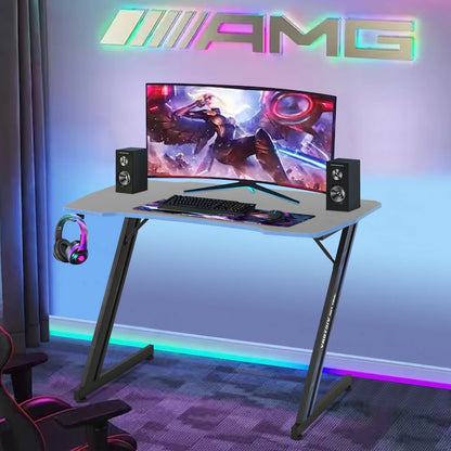 47 Inch Gaming Desk, Z-Shaped PC Computer Table Ergonomic Gamer Workstation with Headphone Hook for Home Office, Red